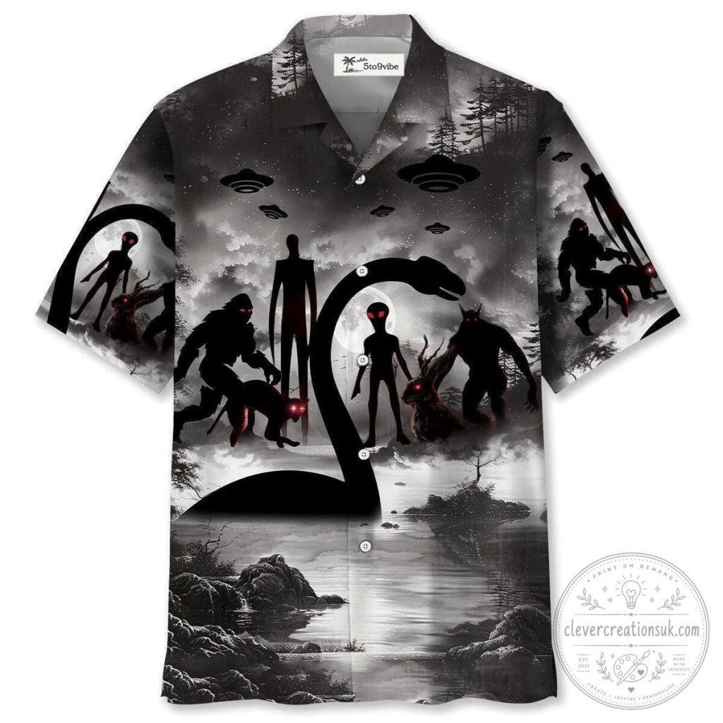 Mythical Creatures Bigfoot Nessie Alien UFO Black and White Hawaiian Shirt
