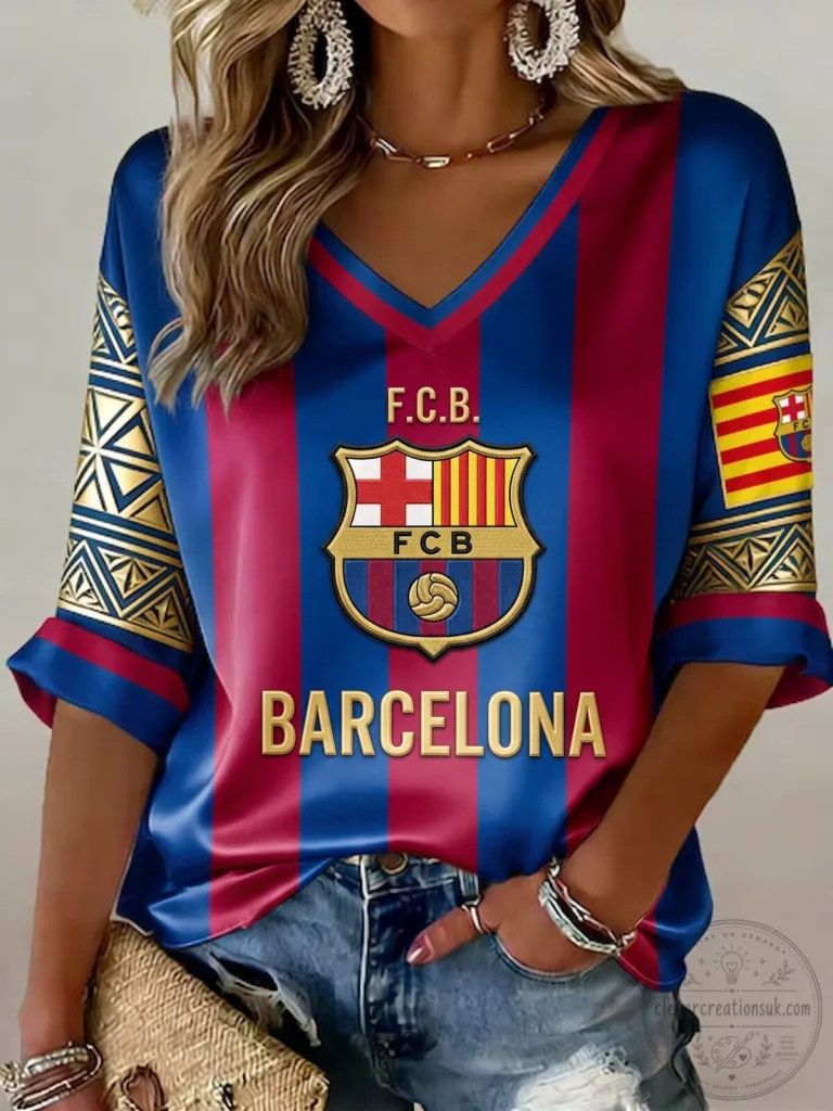 FC Barcelona Football Club Striped V-Neck Short Sleeve T-Shirt 7 FC Barcelona Football Club Striped V-Neck Short Sleeve T-Shirt