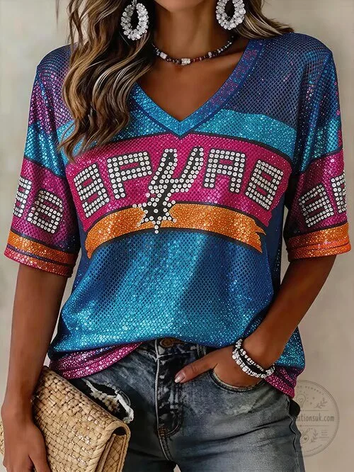 San Antonio Spurs Basketball Sequin V-Neck T-Shirt for Women