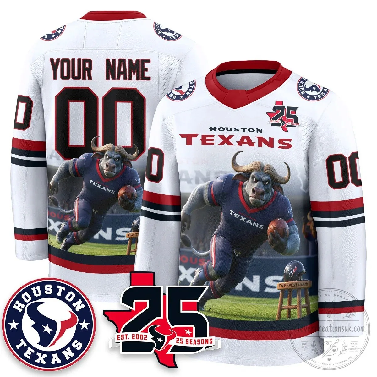 Houston Texans Bull Mascot Custom Name and Number White Hockey Jersey
