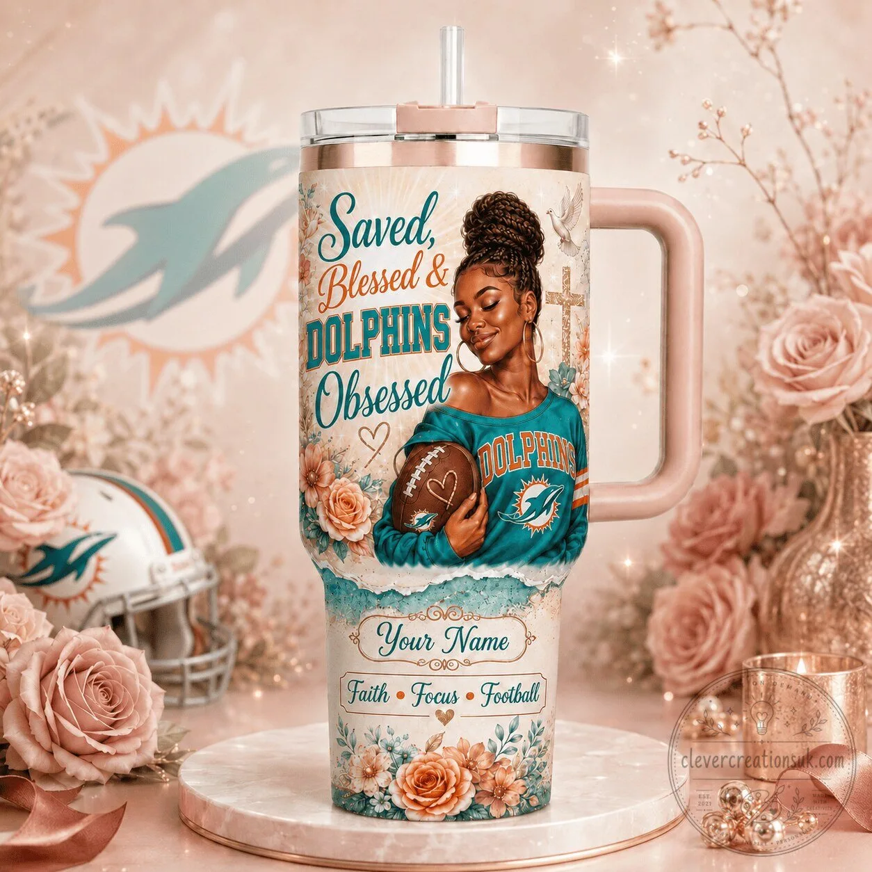 Miami Dolphins Football Fan Tumbler with Handle and Straw for Women
