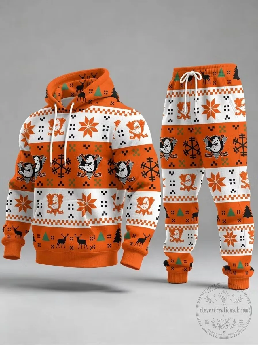 Anaheim Ducks Christmas Holiday Ugly Sweater Hoodie and Jogger Set
