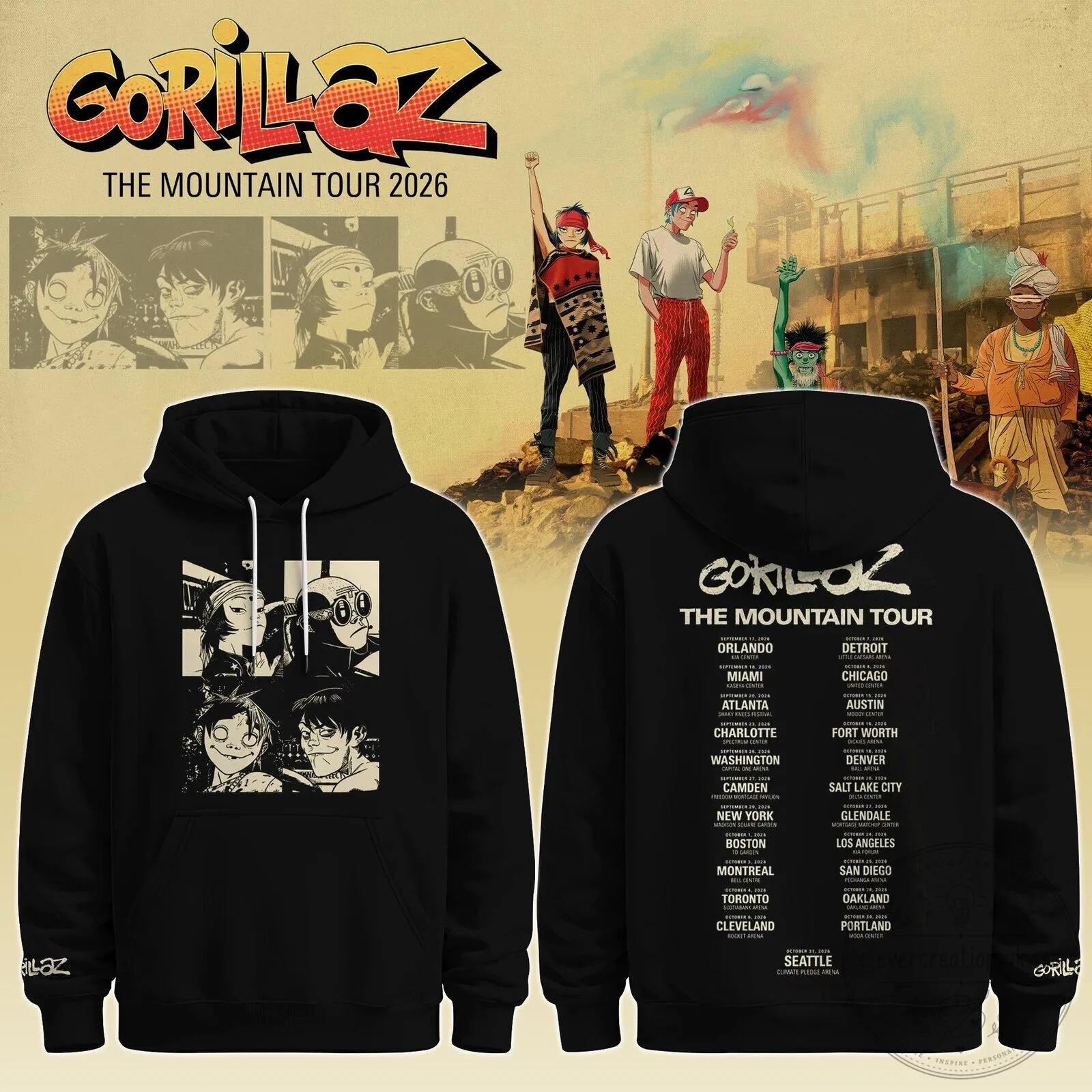 Gorillaz The Mountain Tour 2026 Concert Dates Black Graphic Hoodie