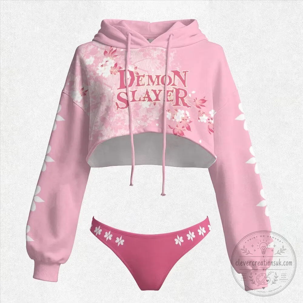 Demon Slayer Anime Pink Floral Cropped Hoodie