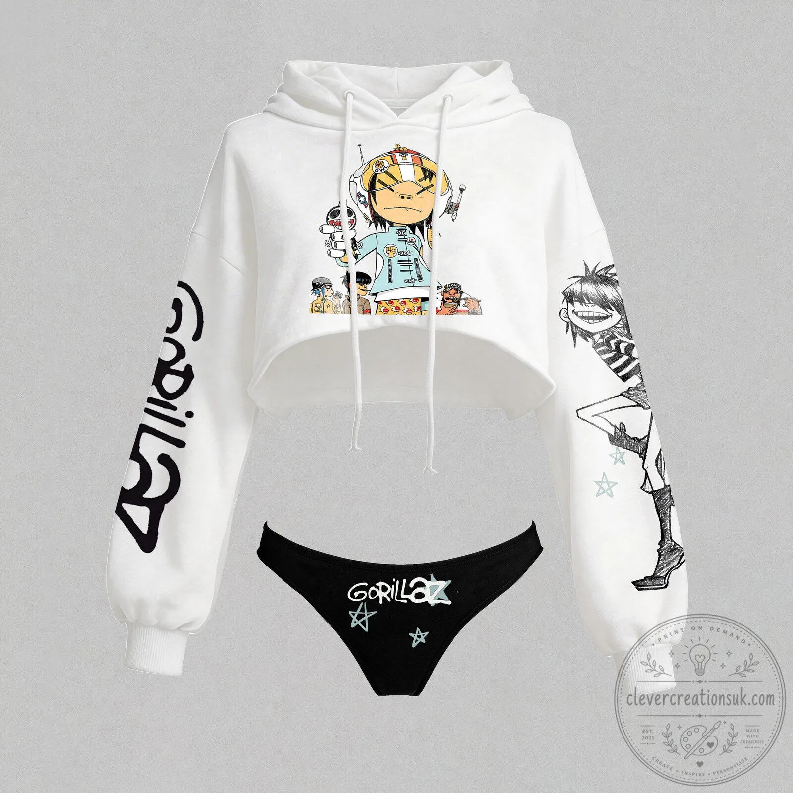 Gorillaz Noodle Character White Cropped Hoodie and Black Thong Set