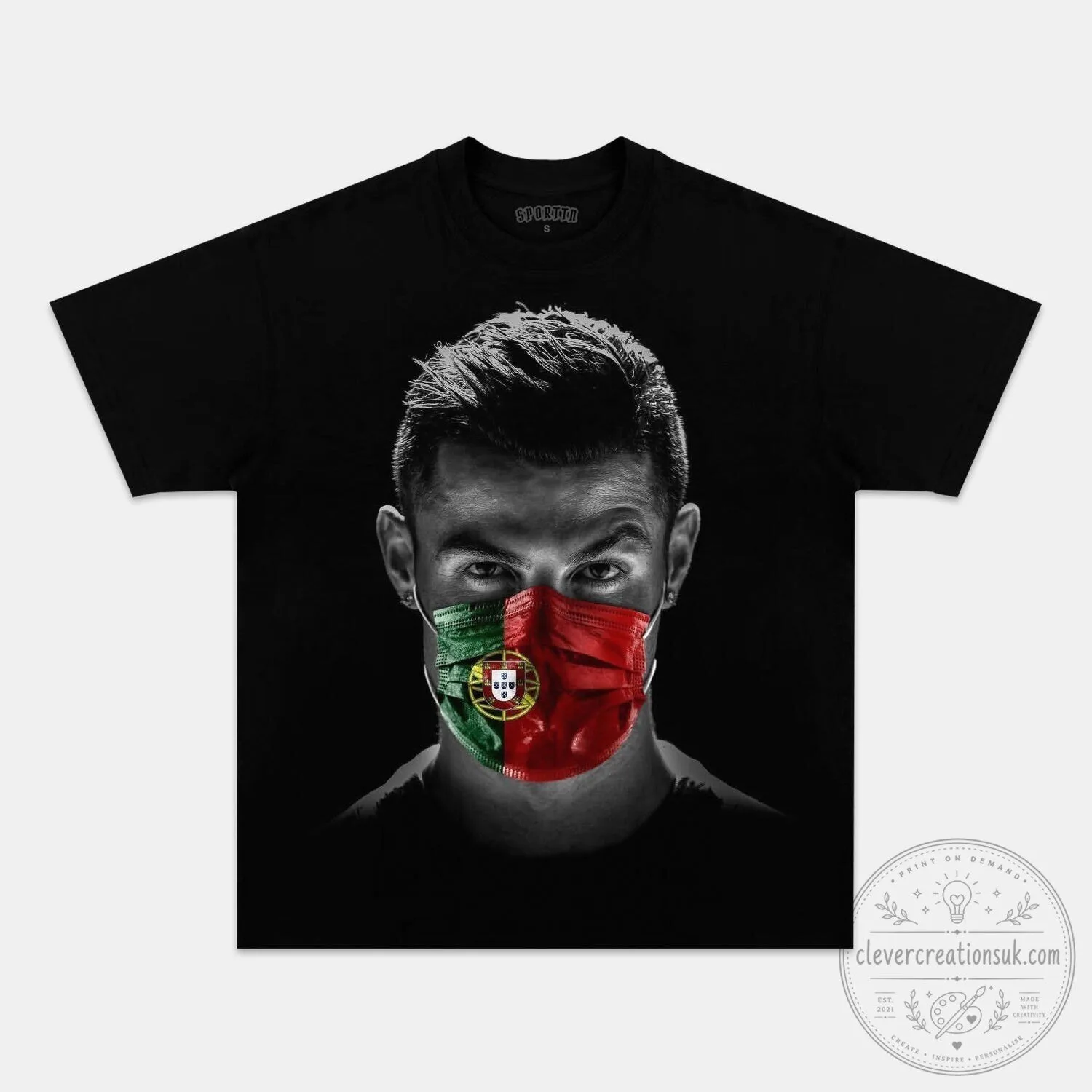 Cristiano Ronaldo Portugal Flag Face Mask Black and White Portrait T-Shirt