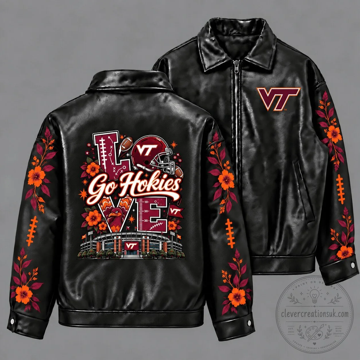 Virginia Tech Hokies Football Fan Love Floral Black Leather Jacket 1 Virginia Tech Hokies Football Fan Love Floral Black Leather Jacket