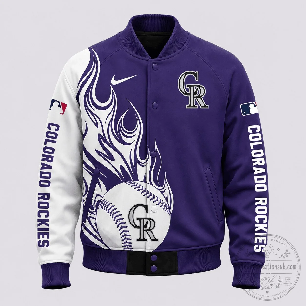 Colorado Rockies Baseball Flame Strike Purple and White Varsity Jacket