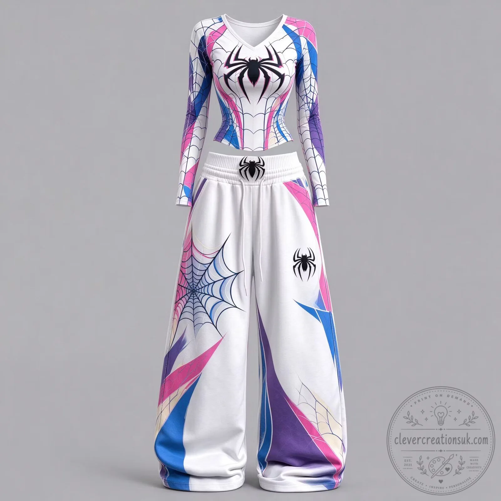 Spider-Gwen Stacy Spider-Verse Long Sleeve Shirt and Wide Leg Pants Set