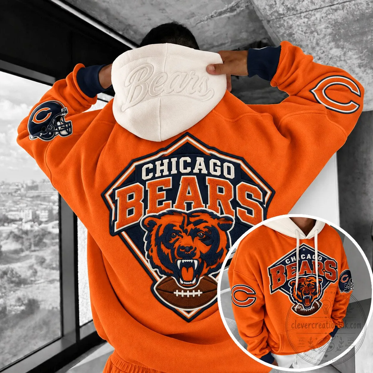 Chicago Bears NFL Football Team Logo Orange Pullover Hoodie Sweatshirt