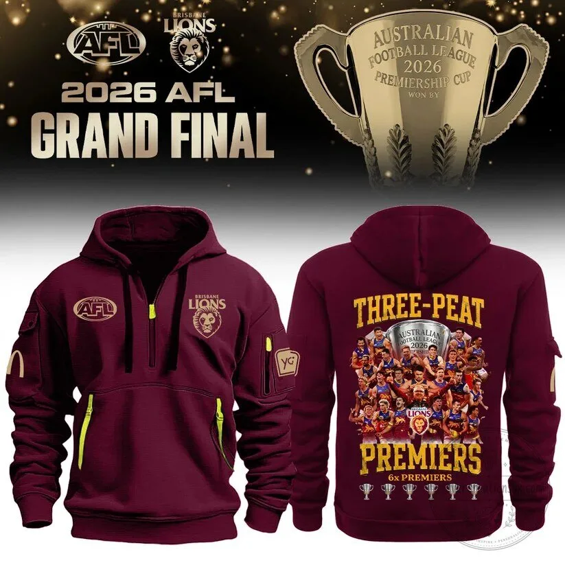 Maroon Hoodie Celebrating Brisbane Lions' 2026 AFL Grand Final Three-Peat Victory