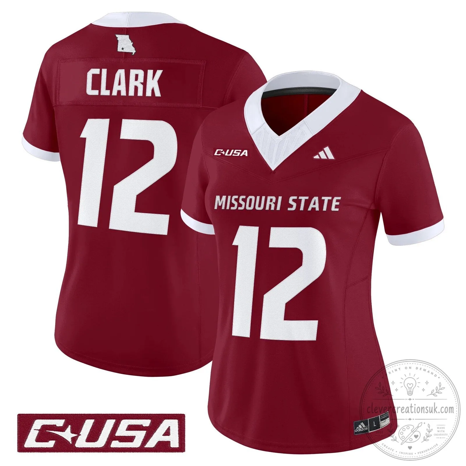 Missouri State Bears Women's Football Jersey, Maroon and White, Number 12 20 Missouri State Bears Women's Football Jersey, Maroon and White, Number 12