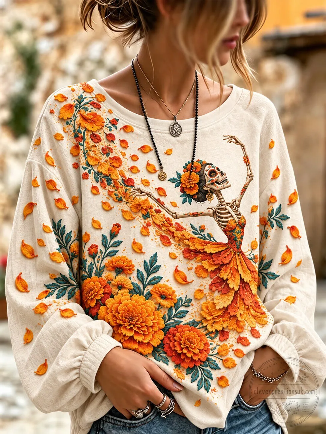 Day of the Dead Dancing Skeleton and Marigold Flowers Long-Sleeve Sweatshirt