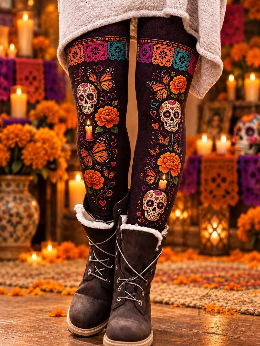 Day of the Dead Sugar Skull Butterfly Floral Women's Leggings