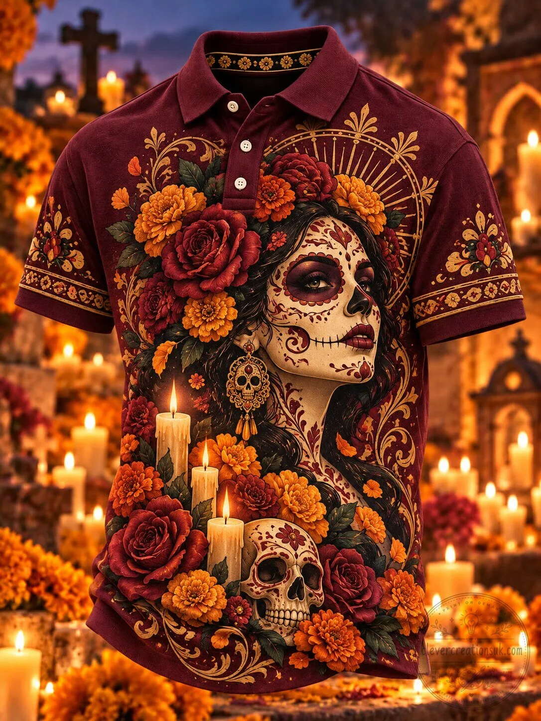 Men's Polo Shirt Featuring Floral Sugar Skull Design for Day of the Dead
