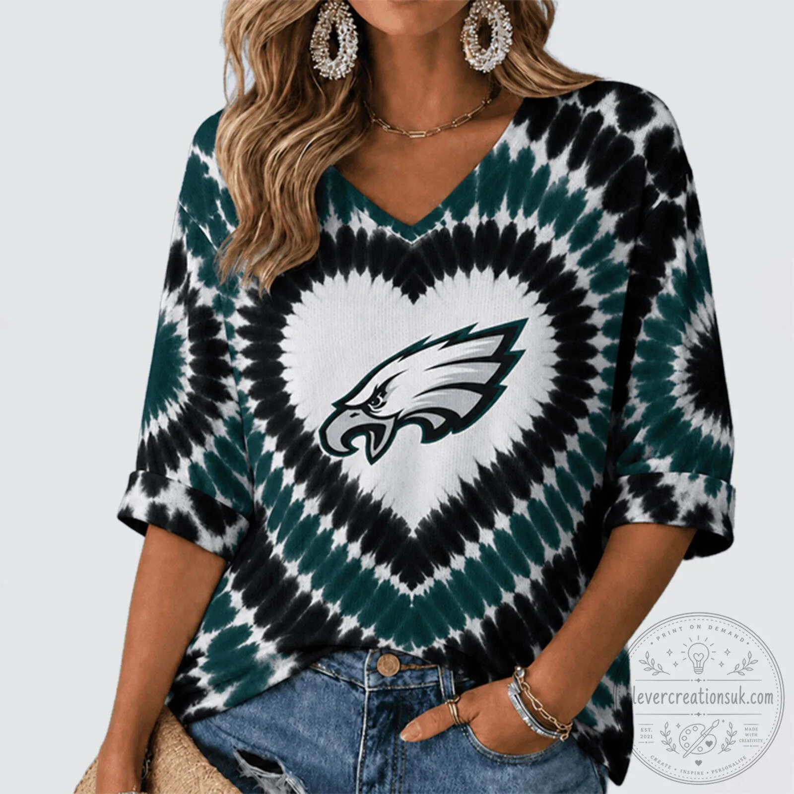 Philadelphia Eagles Tie Dye Heart Logo V-Neck Short Sleeve T-Shirt
