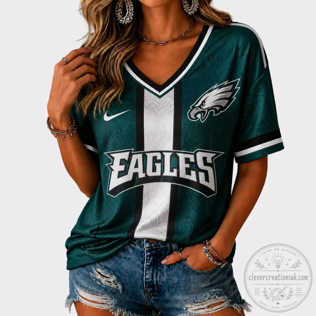 Philadelphia Eagles Football Team Green and White V-Neck Game Day Jersey Philadelphia Eagles Football Team Green and White V-Neck Game Day Jersey