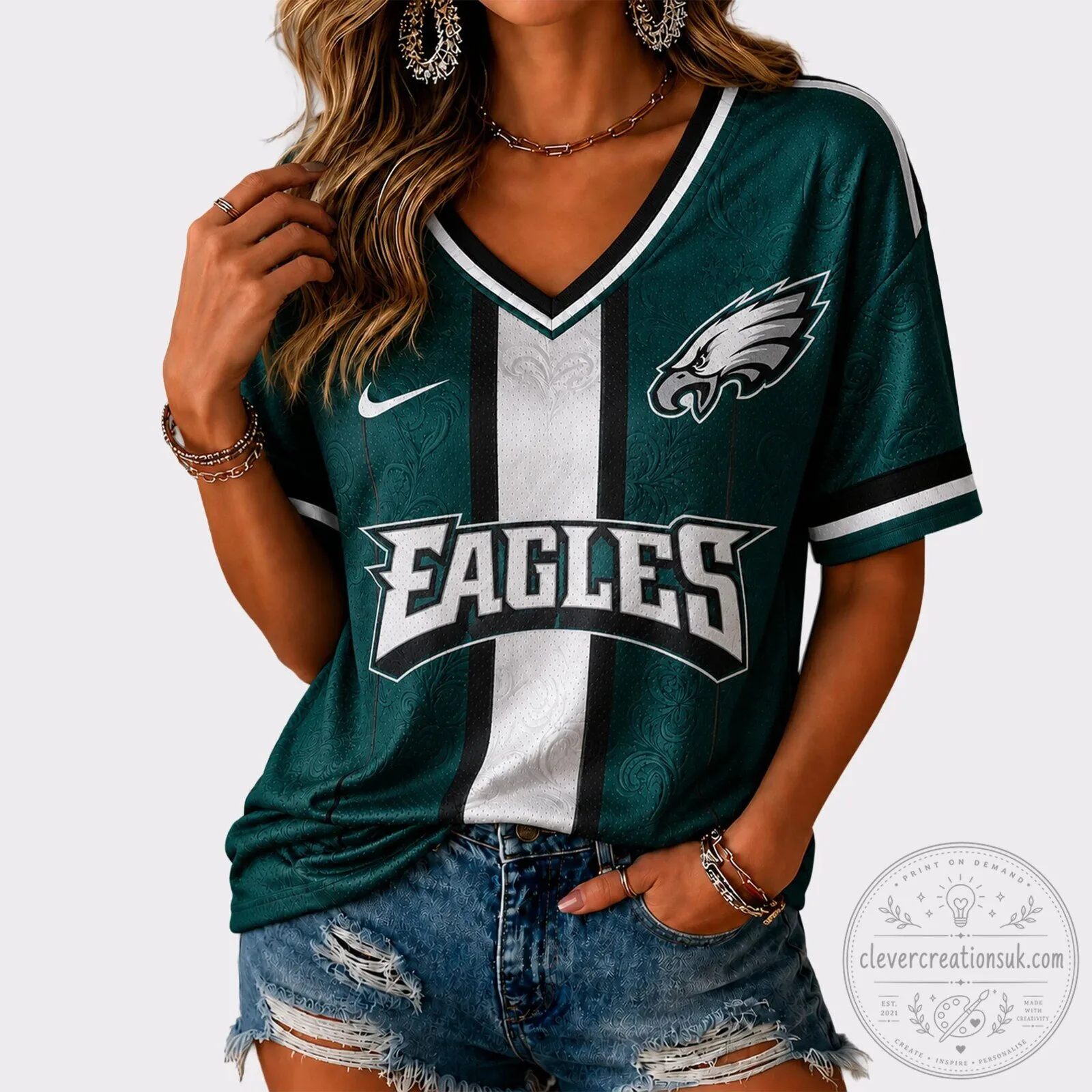 Philadelphia Eagles Football Team Green and White V-Neck Game Day Jersey