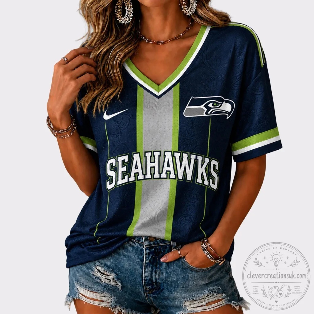 Seattle Seahawks NFL Football Team V-Neck Game Day Short Sleeve Jersey Seattle Seahawks NFL Football Team V-Neck Game Day Short Sleeve Jersey