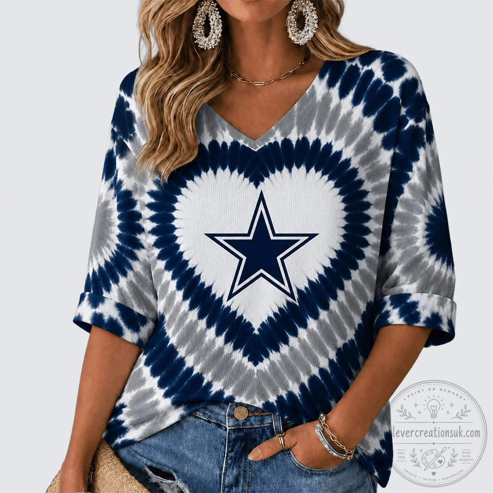 Dallas Cowboys Womens Tie Dye Heart V-Neck Long Sleeve Shirt