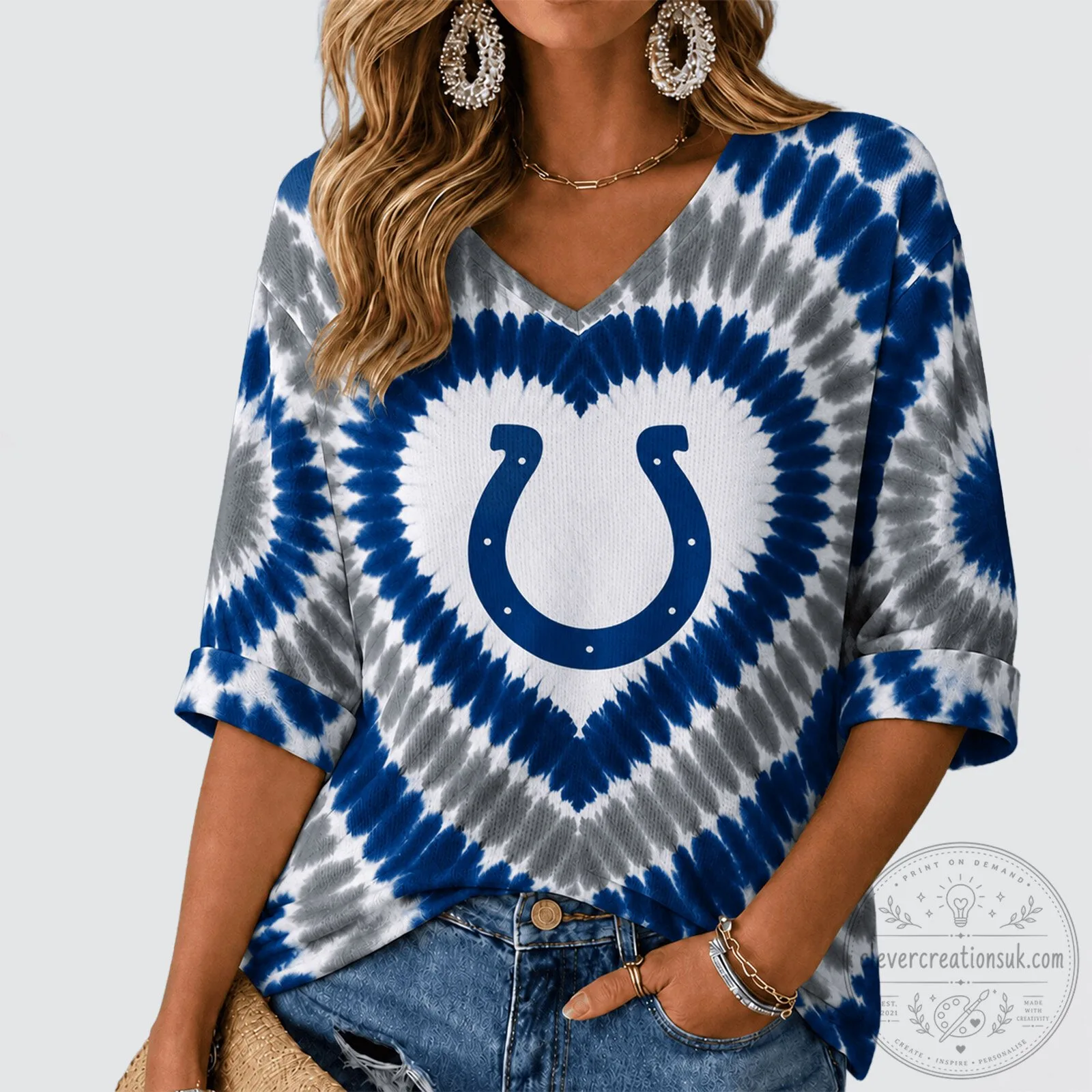 Indianapolis Colts Tie Dye Heart Logo V-Neck Long Sleeve Shirt
