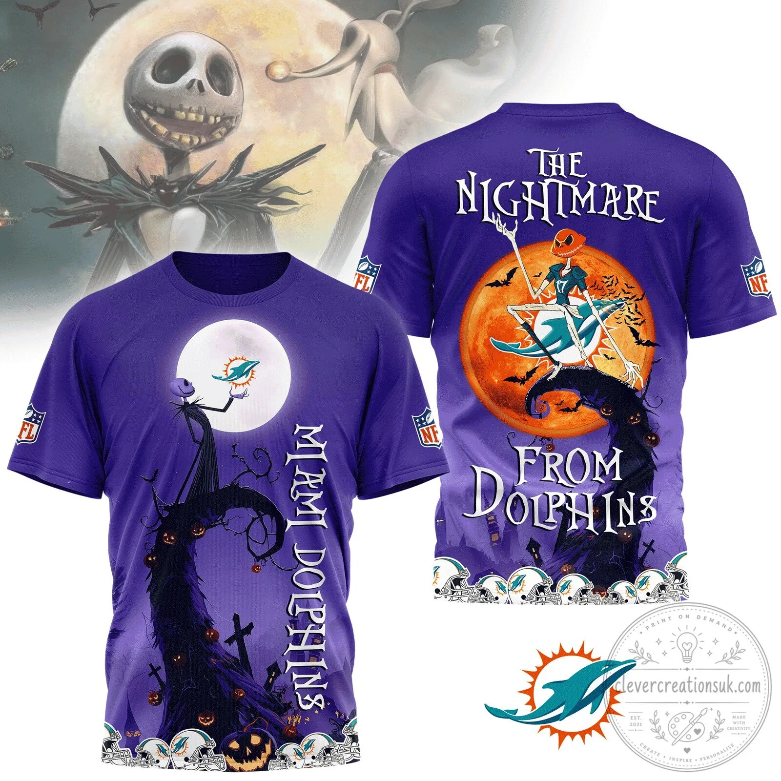 Miami Dolphins Halloween The Nightmare Before Christmas Purple T-Shirt
