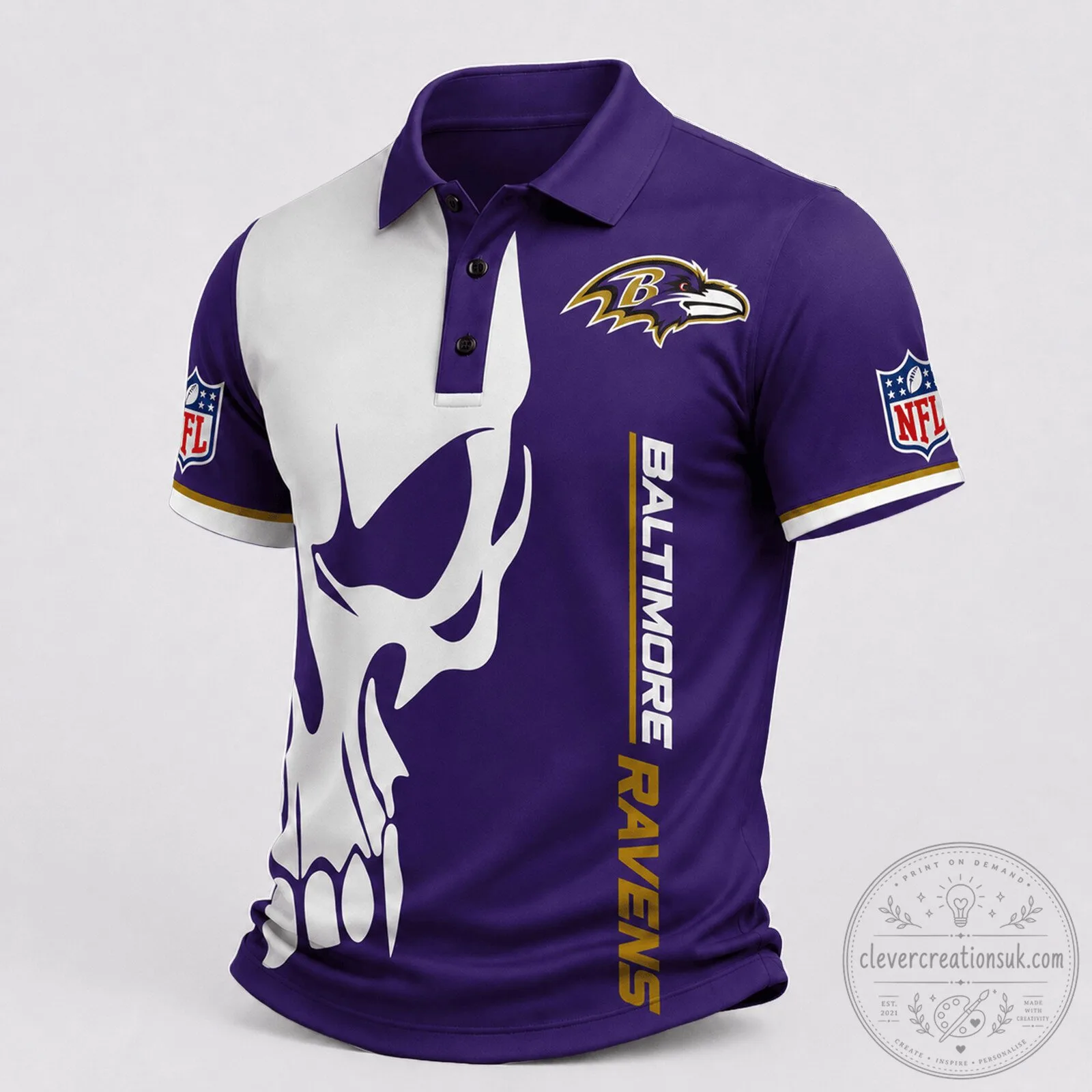 Baltimore Ravens Skull Design NFL Football Team Fan Polo Shirt
