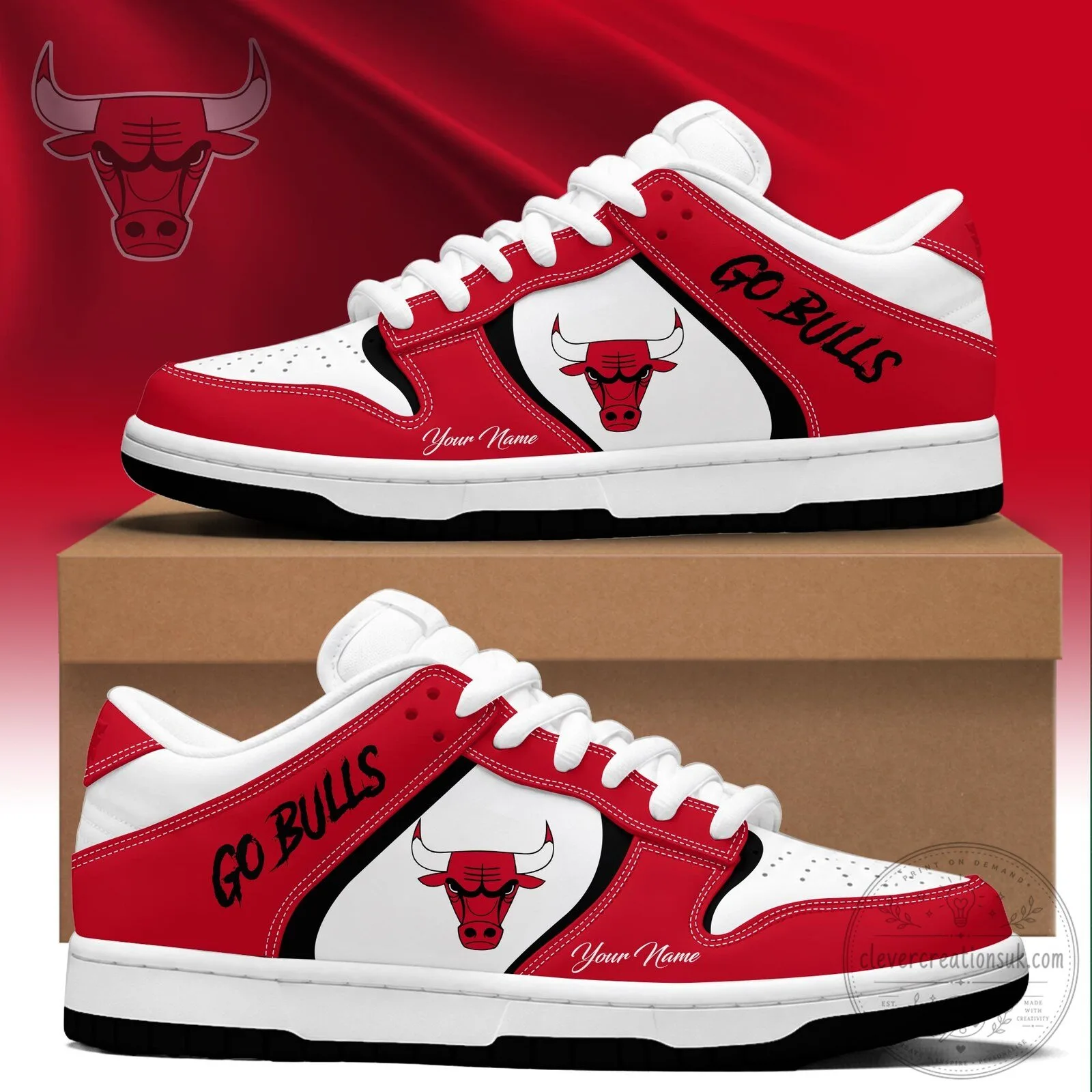 Chicago Bulls Basketball Team Custom Name Red and White Low Top Sneakers