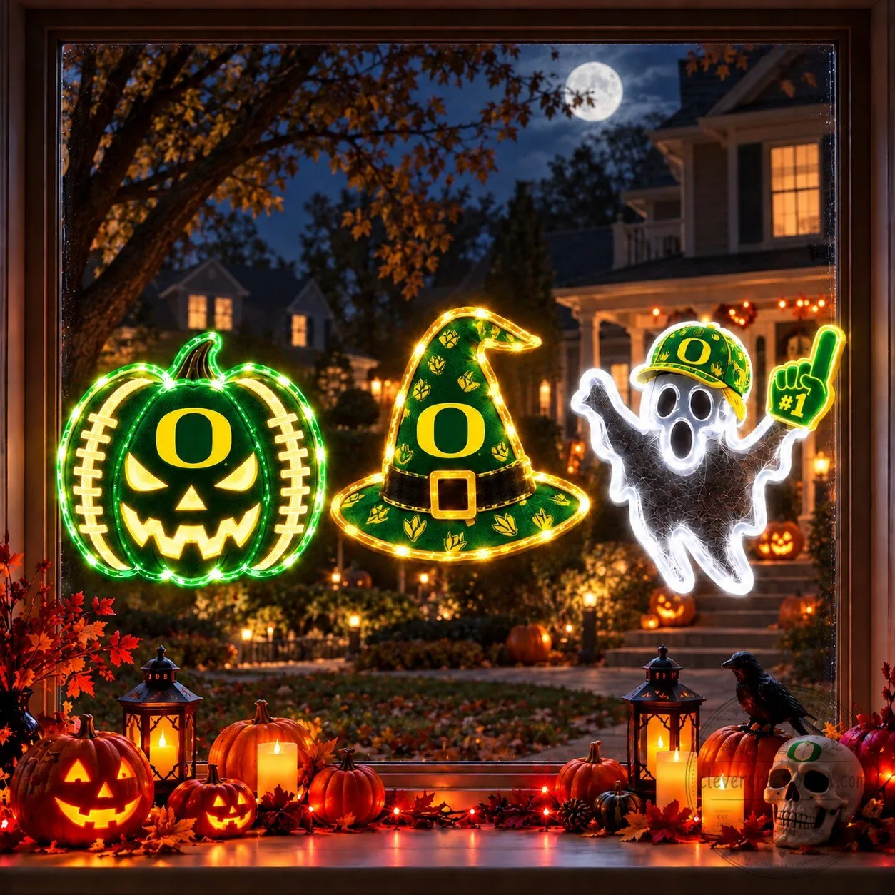 Oregon Ducks Halloween Pumpkin Witch Hat Ghost Window Lights