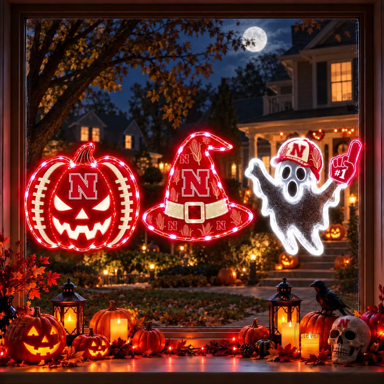 Nebraska Cornhuskers Halloween Football Pumpkin Witch Hat Ghost Window Lights