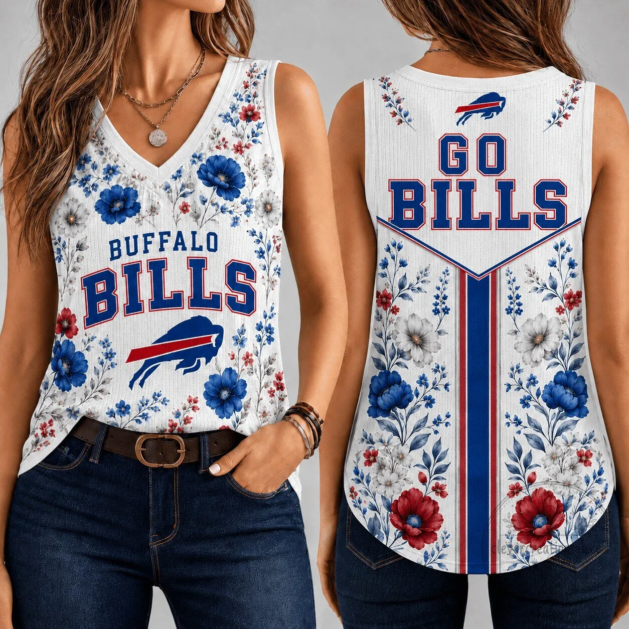 Buffalo Bills NFL Football Floral Vintage Game Day Women's V-Neck Tank Top