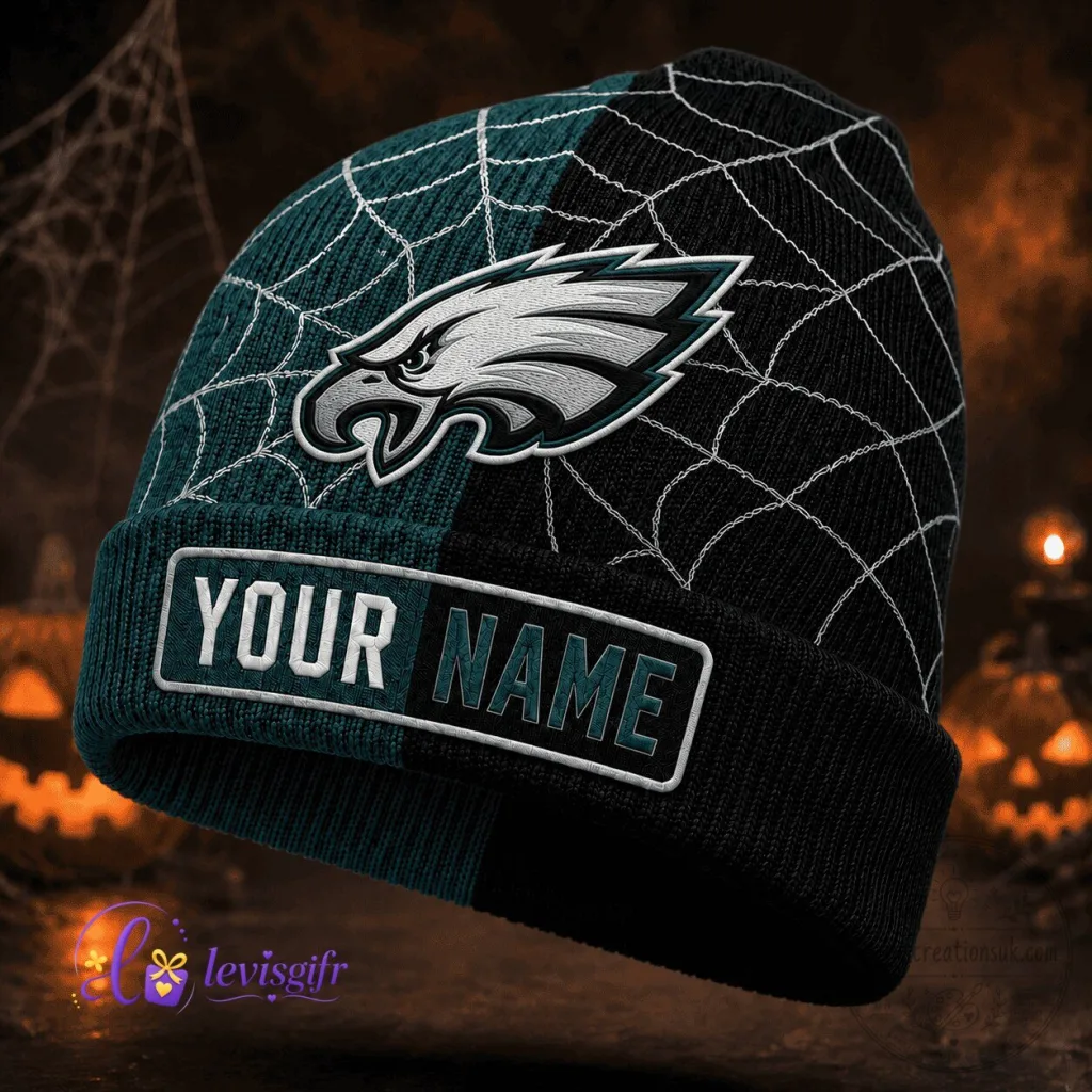 Philadelphia Eagles Fan Personalized Halloween Spiderweb Beanie Hat