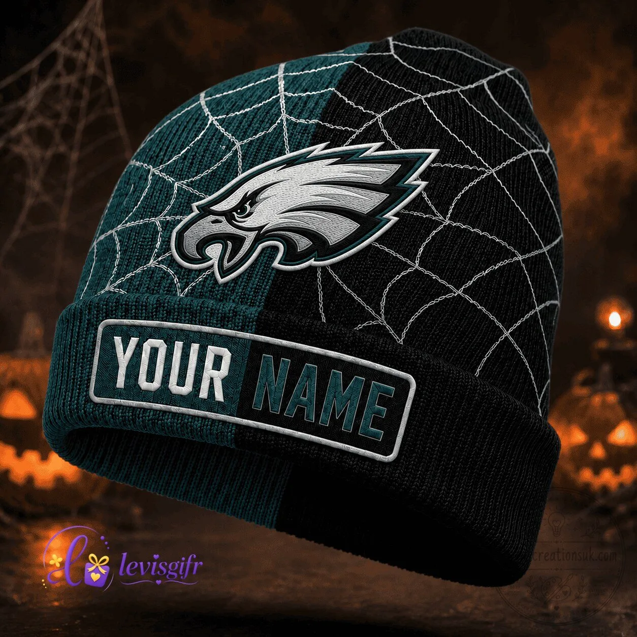 Philadelphia Eagles Fan Personalized Halloween Spiderweb Beanie Hat
