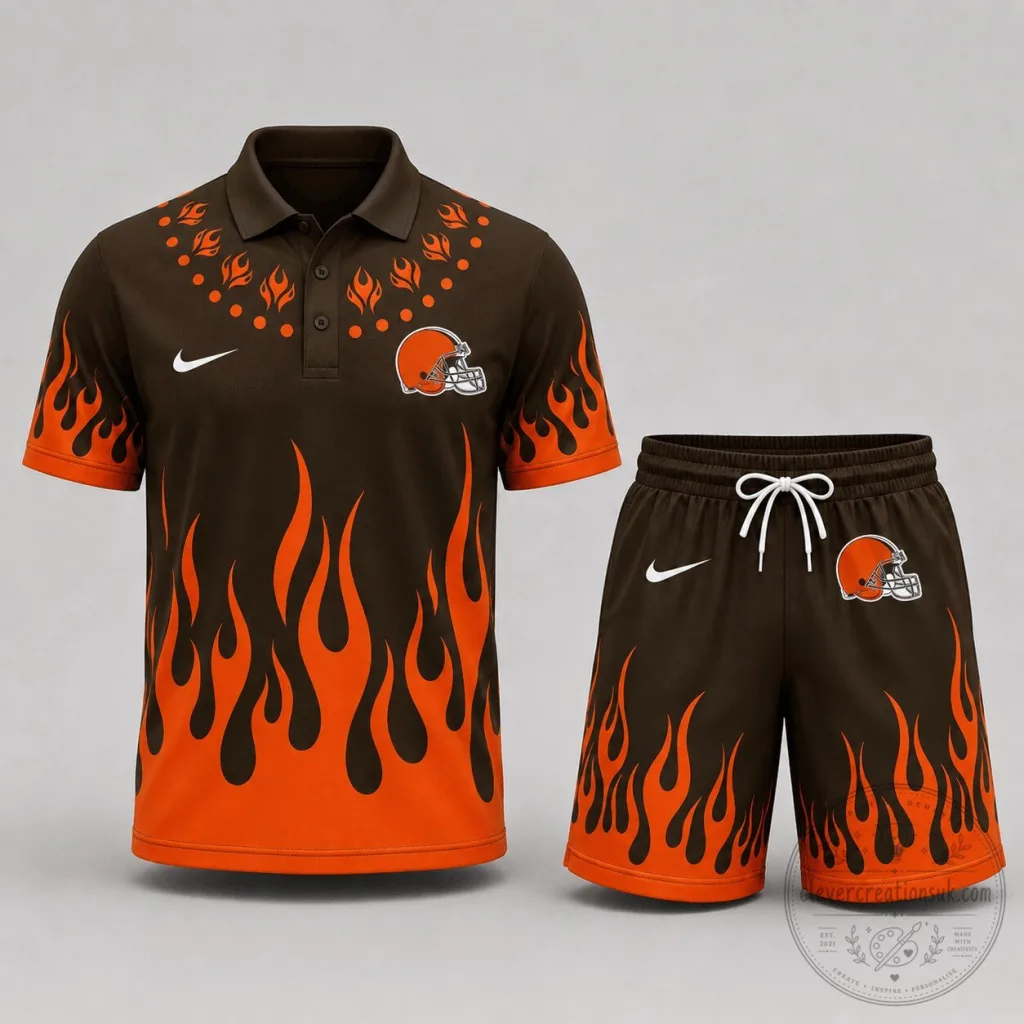 Polo Shirt and Shorts Set with Flame Pattern for Cleveland Browns Football Team