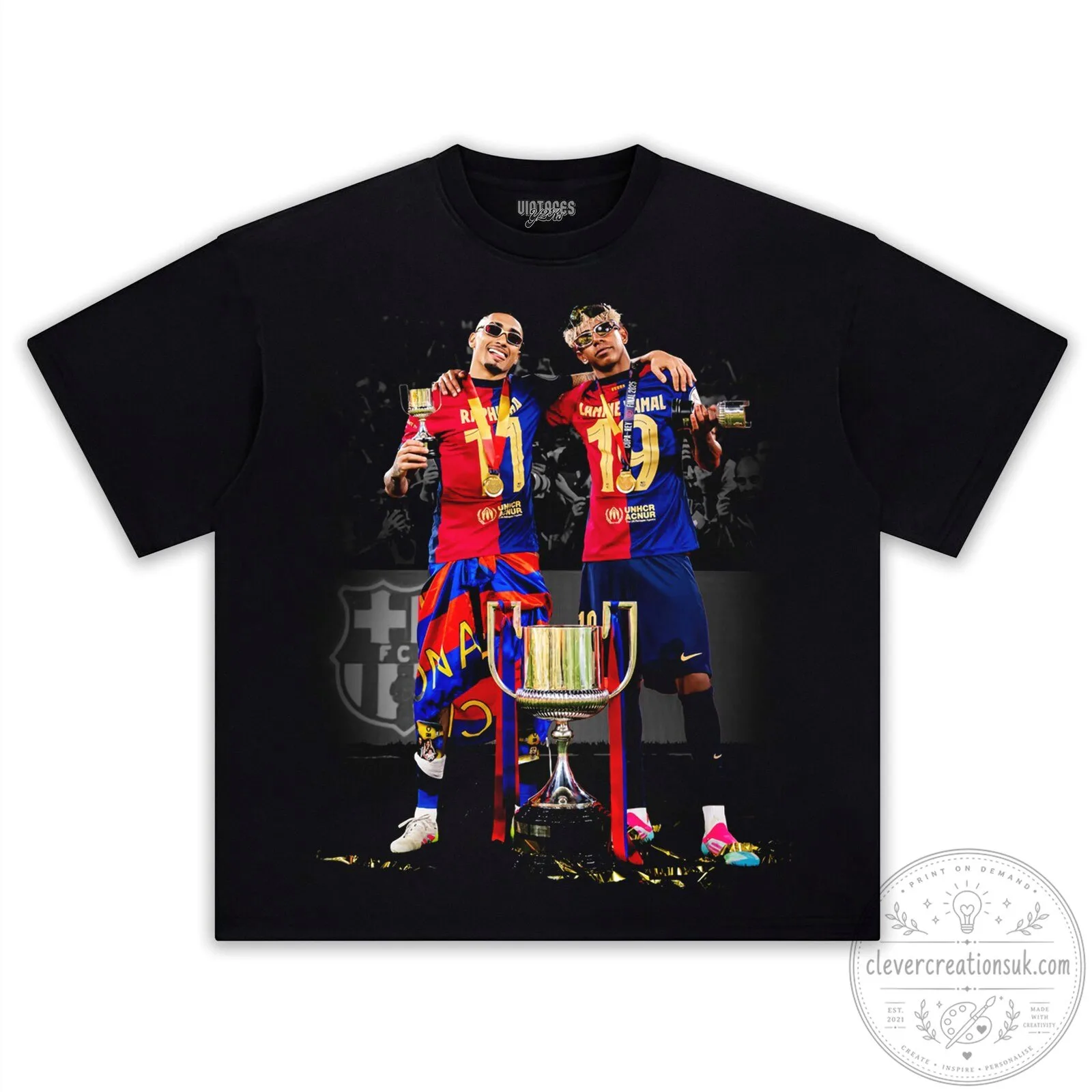 Lamine Yamal and Raphinha Barcelona Football Club Champions Black T-Shirt