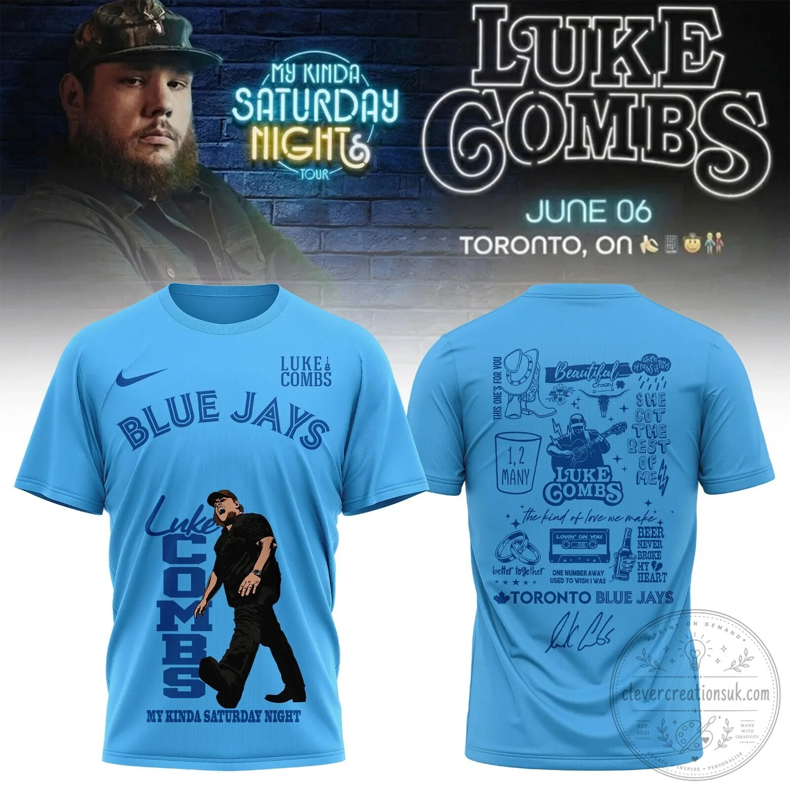 Luke Combs My Kinda Saturday Night Tour Shirt featuring Toronto Blue Jays Design