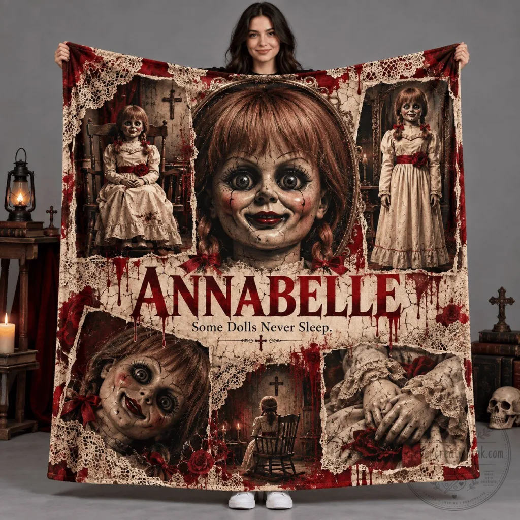Annabelle Horror Doll Portrait Collage Red Lettering Fleece Blanket Annabelle Horror Doll Portrait Collage Red Lettering Fleece Blanket