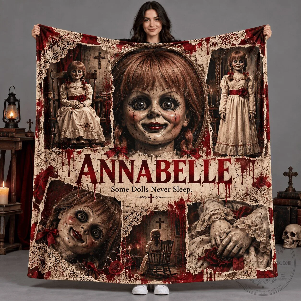Annabelle Horror Doll Portrait Collage Red Lettering Fleece Blanket