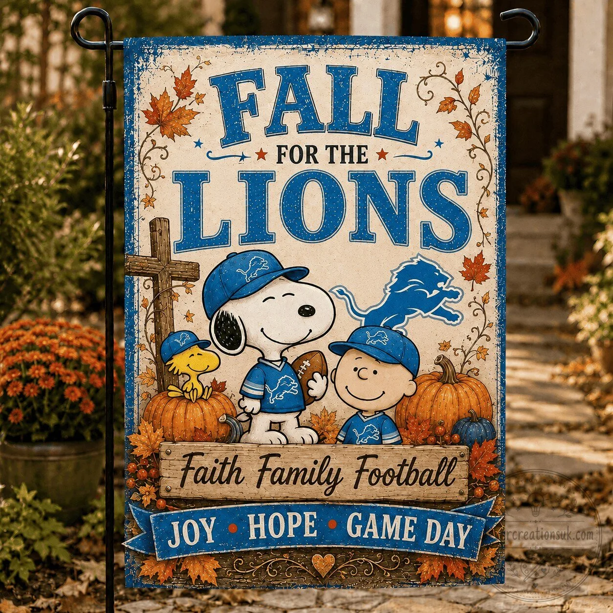 Detroit Lions Snoopy Fall For The Lions Faith Family Football Garden Flag