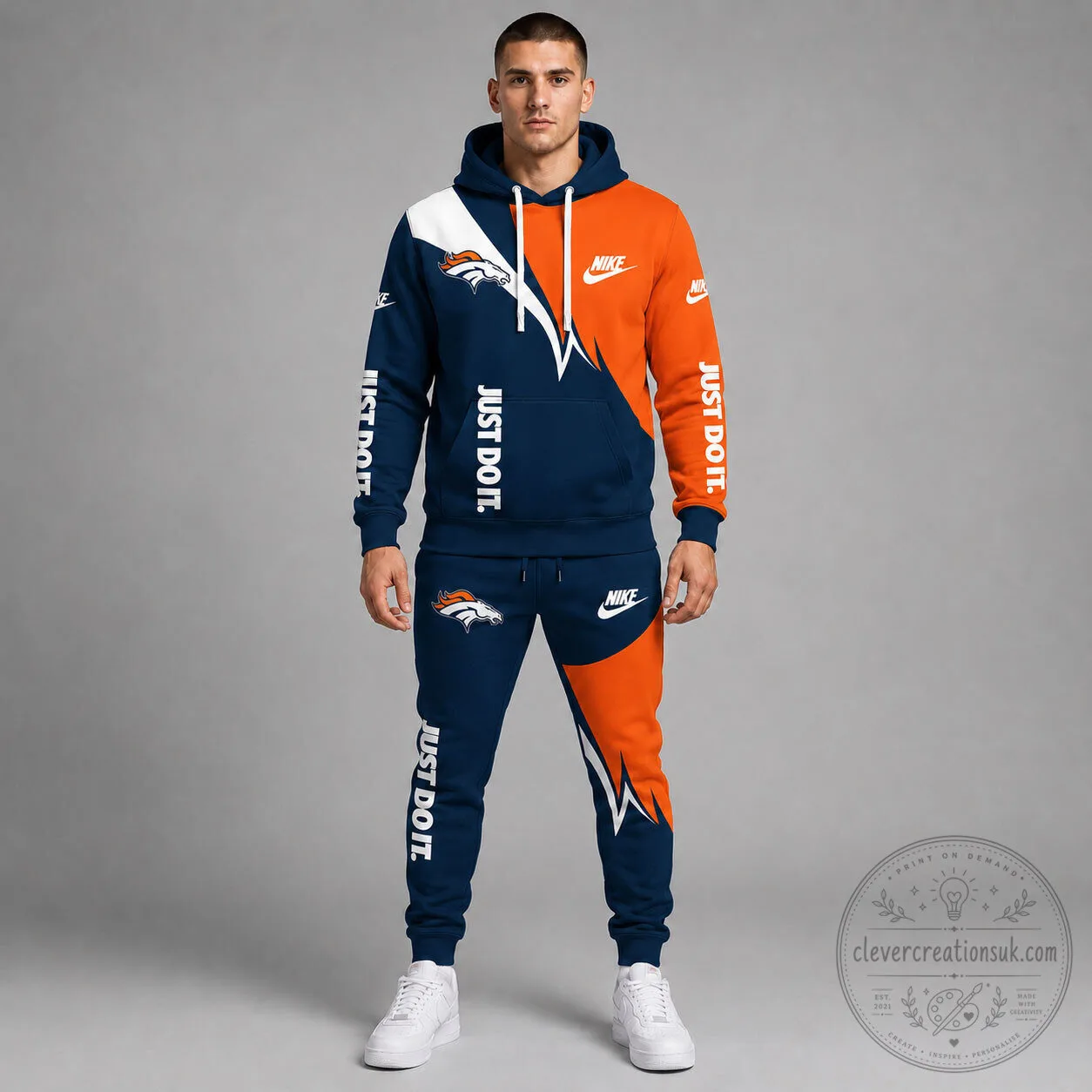 Denver Broncos Nike Just Do It Split Design Hoodie and Jogger Pants Set