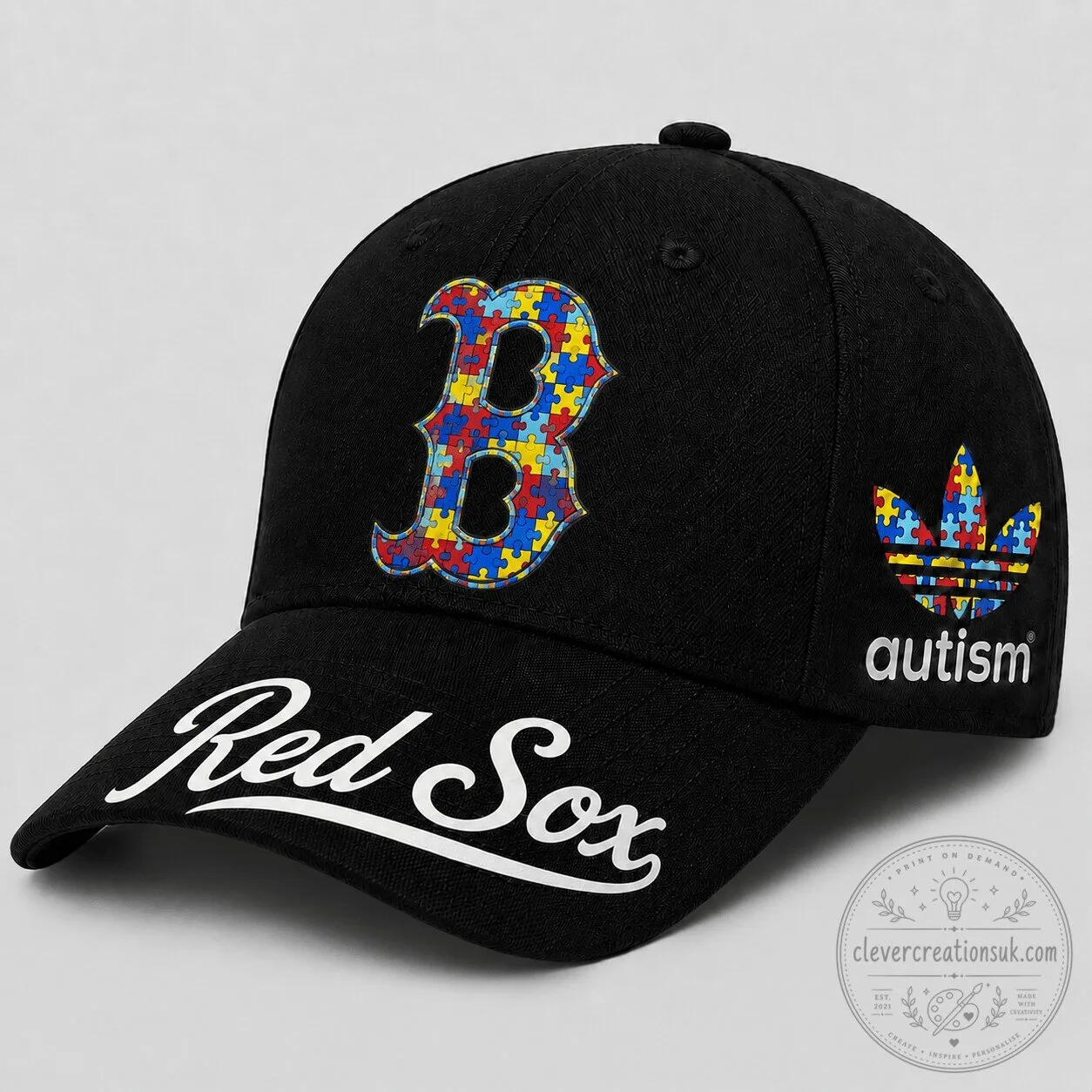 Autism Awareness Cap Hat featuring Boston Red Sox Baseball and Puzzle Piece Design