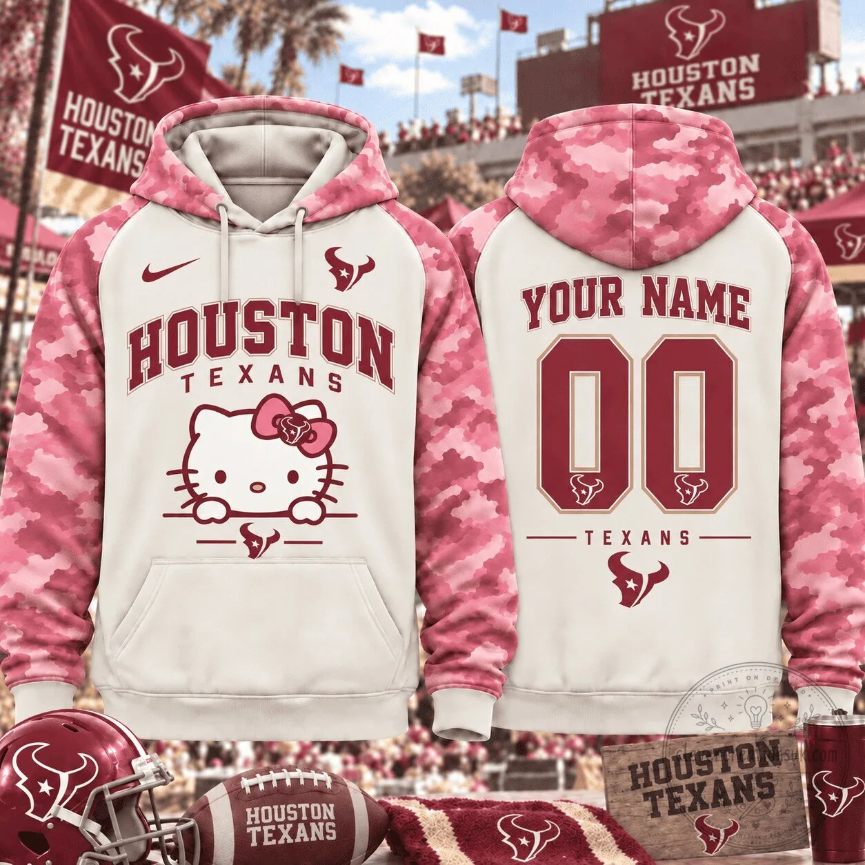 Houston Texans Hello Kitty Pink Camouflage Custom Hoodie
