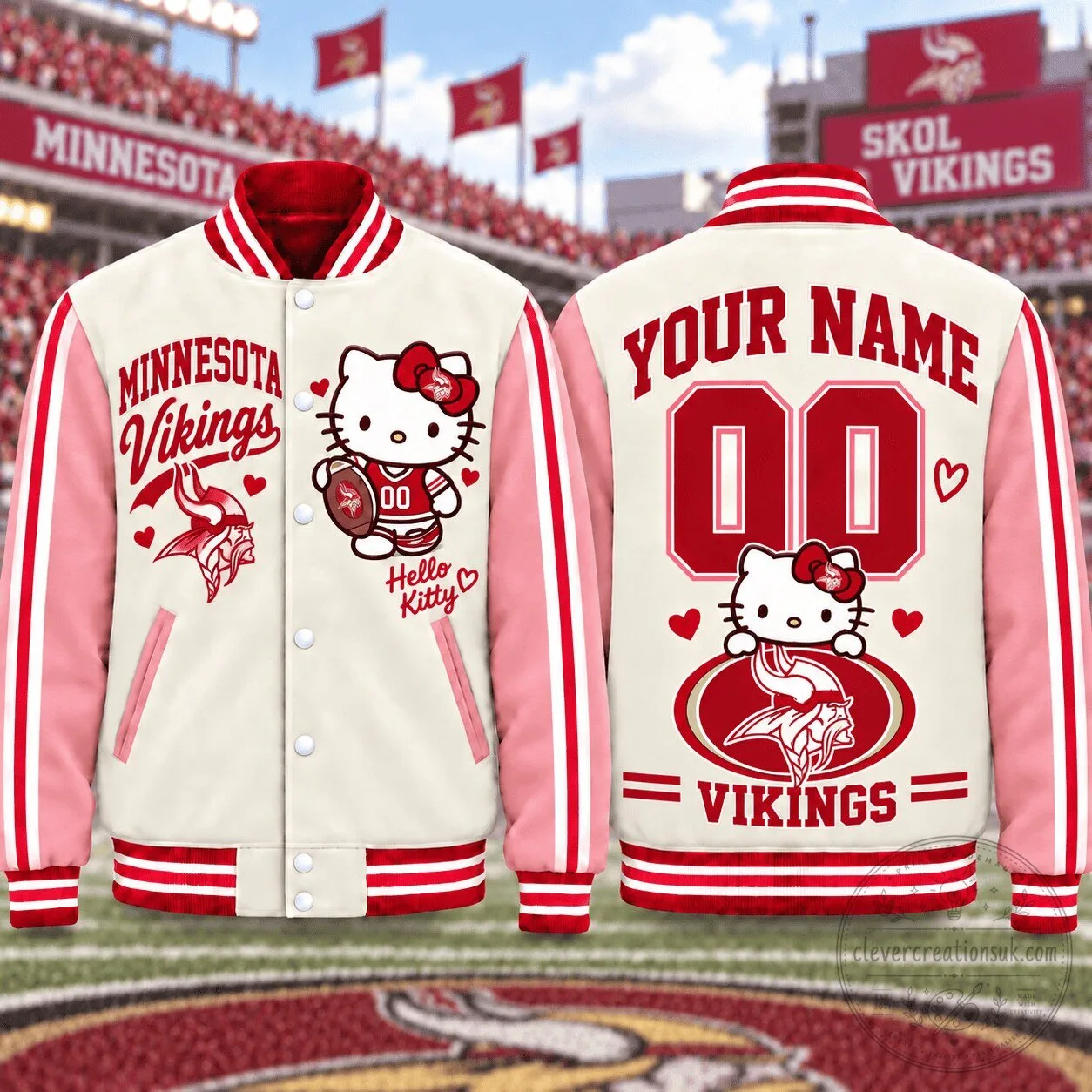 Minnesota Vikings Hello Kitty Personalized Name And Number Varsity Jacket