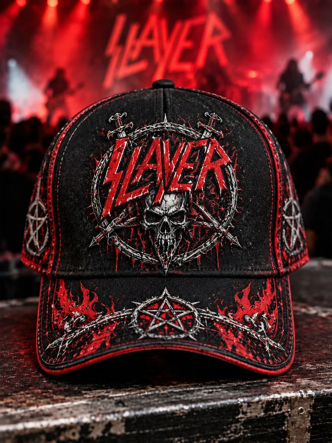 Slayer Band Logo Skull Pentagram Barbed Wire Black and Red Cap Hat