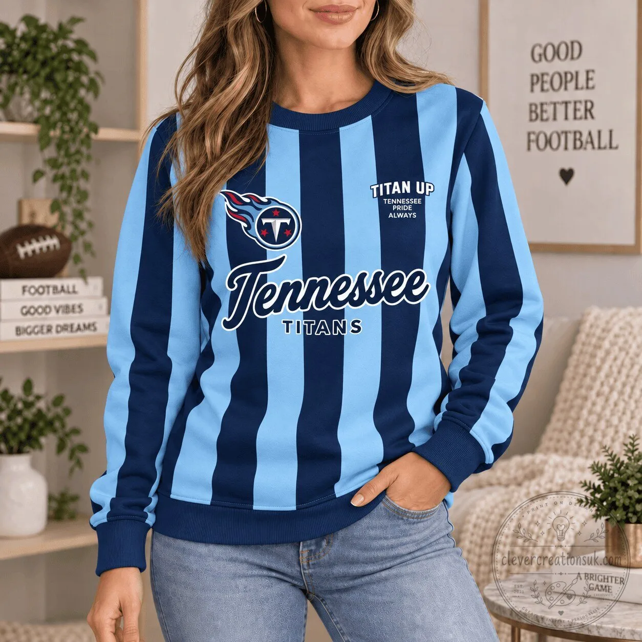 Tennessee Titans Football Team Vertical Stripe Crewneck Sweatshirt
