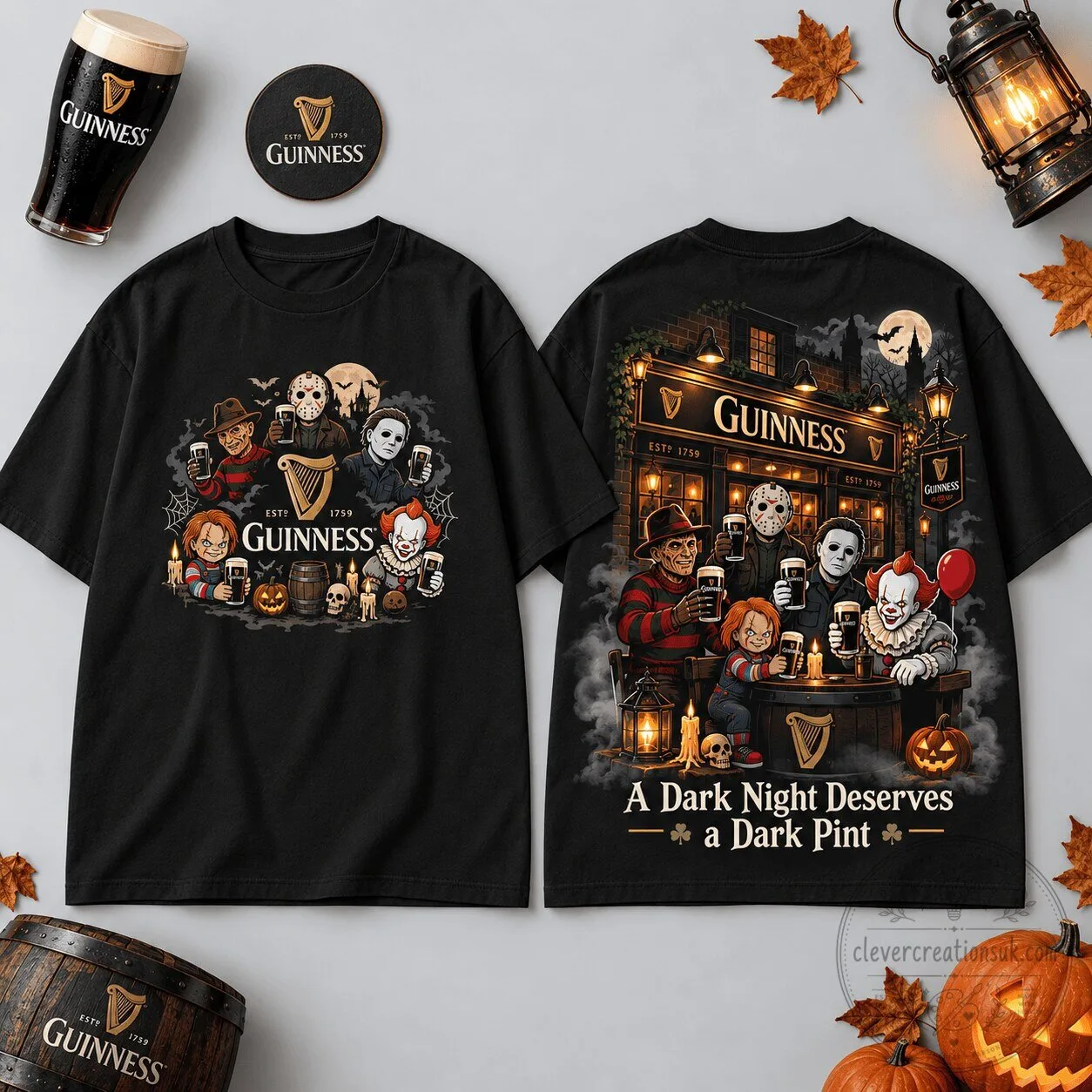 Guinness Horror Characters Moonlit Pub Halloween Black T-Shirt
