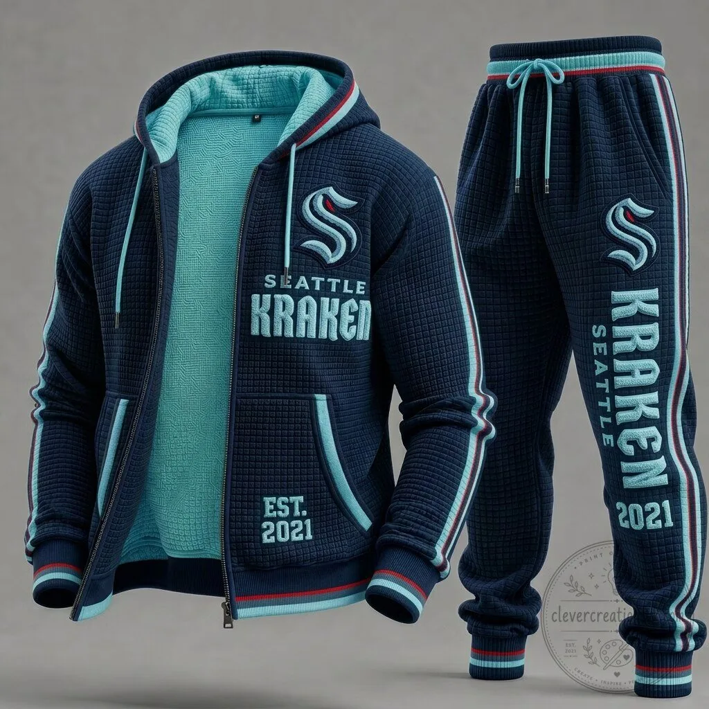 Seattle Kraken Navy Blue and Teal Waffle Textured Zip-Up Hoodie and Sweatpants Set