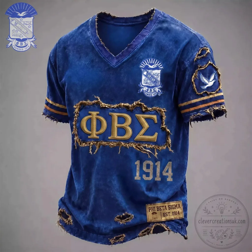 Phi Beta Sigma Fraternity Distressed Blue V-Neck Short Sleeve T-Shirt