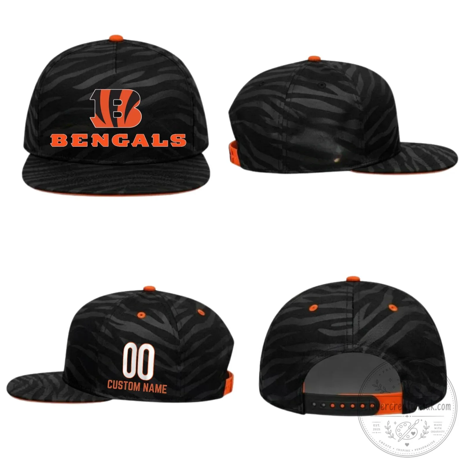 Custom Name & Number Snapback Hat with Black Zebra Print for Cincinnati Bengals