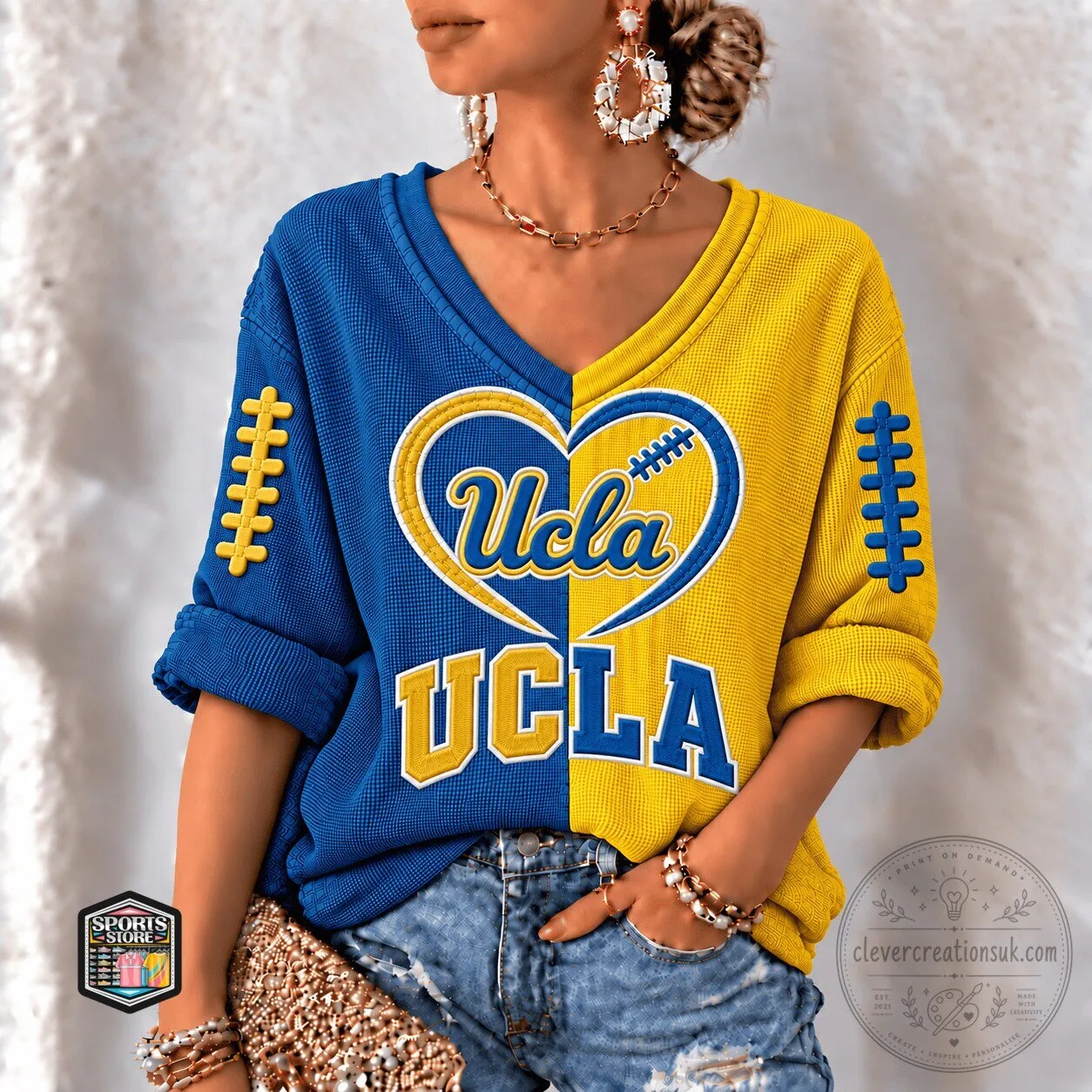 UCLA Bruins Football Heart Split Color V-Neck Long Sleeve Shirt 5 UCLA Bruins Football Heart Split Color V-Neck Long Sleeve Shirt